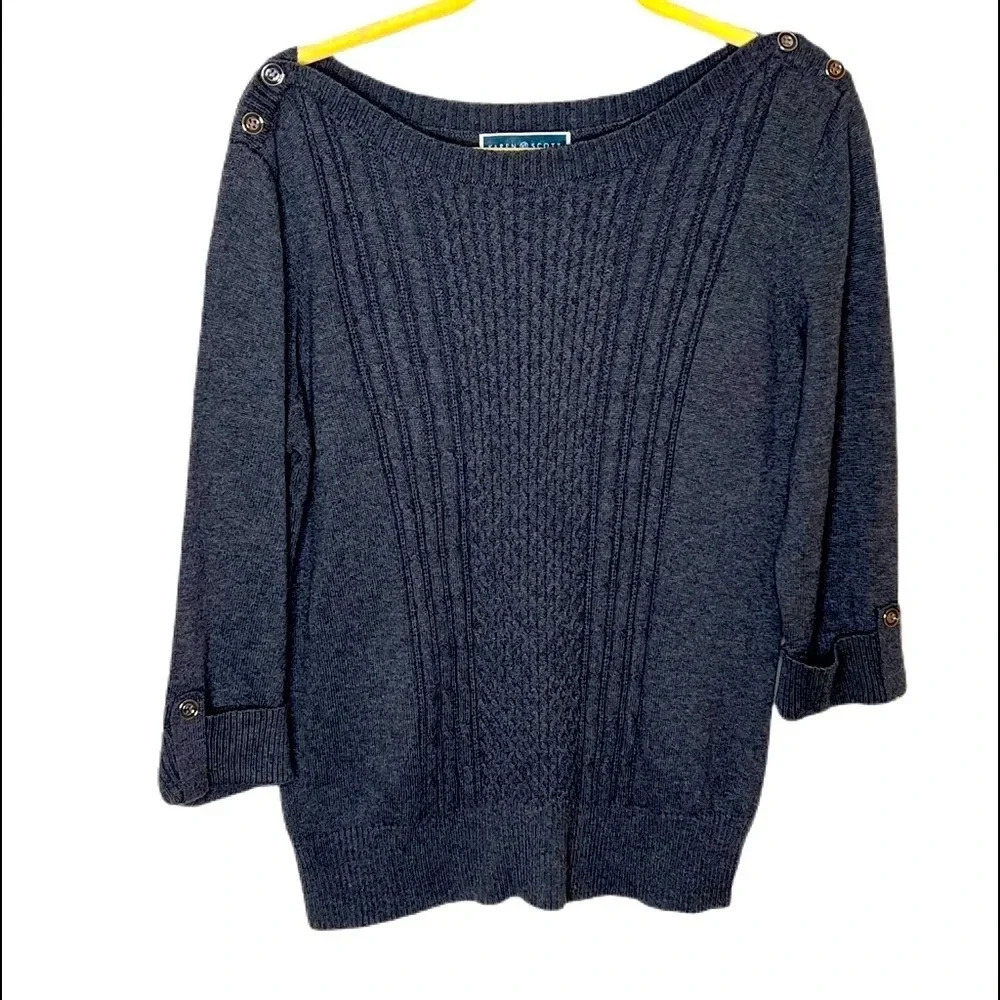 Karen Scott Womens Pullover Sweater Gray Marled Ribbed Front 100% Cotton L